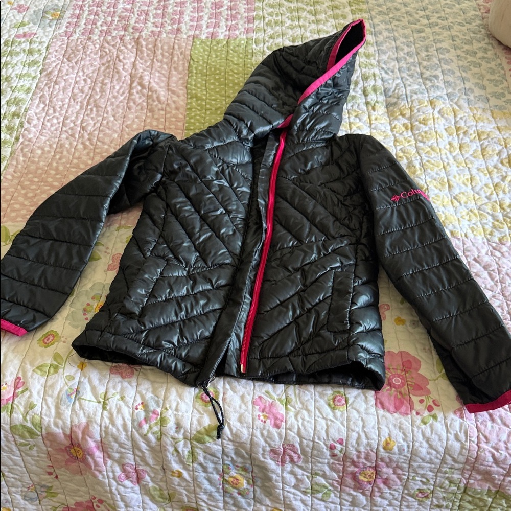 Columbia Kids Black Puffer Jacket with Pink Trim